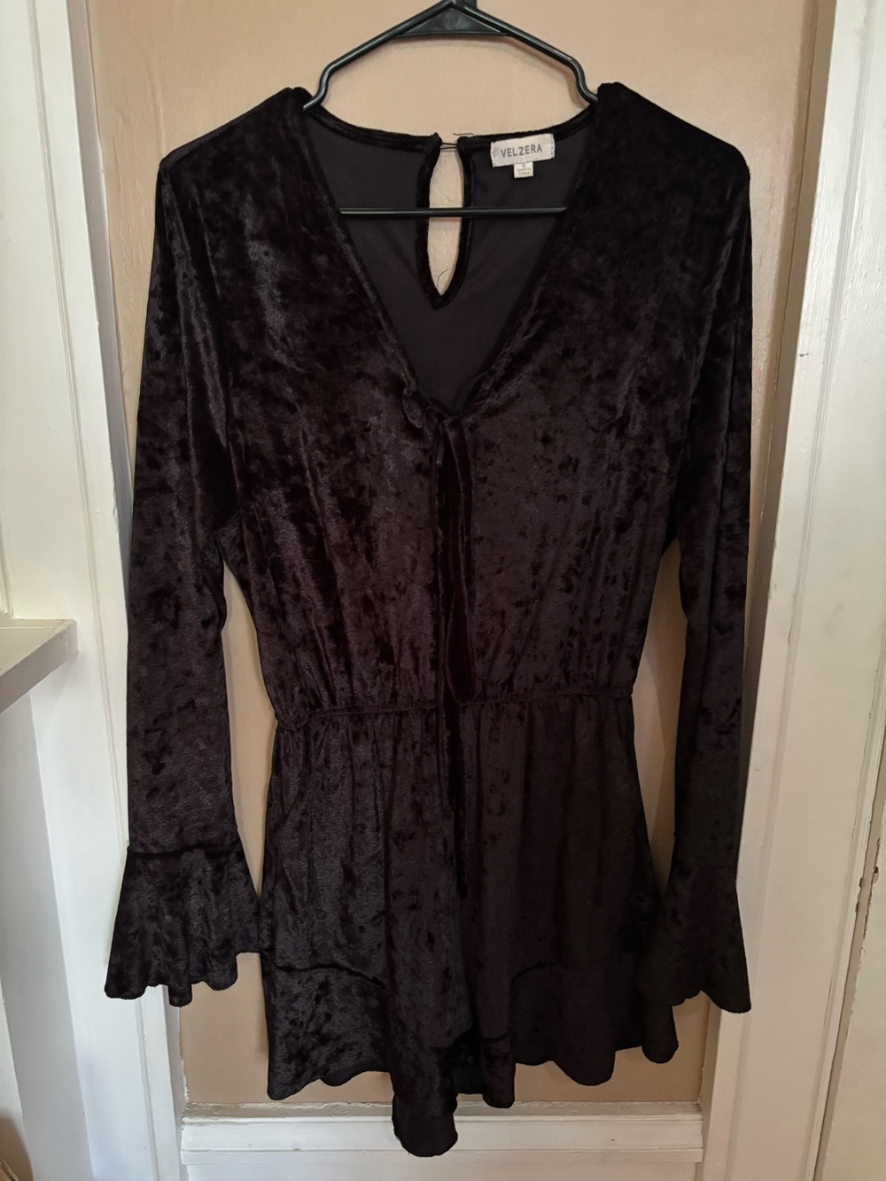 Velzera Black Crushed Velvet Long-Sleeve Peplum Jumpsuit